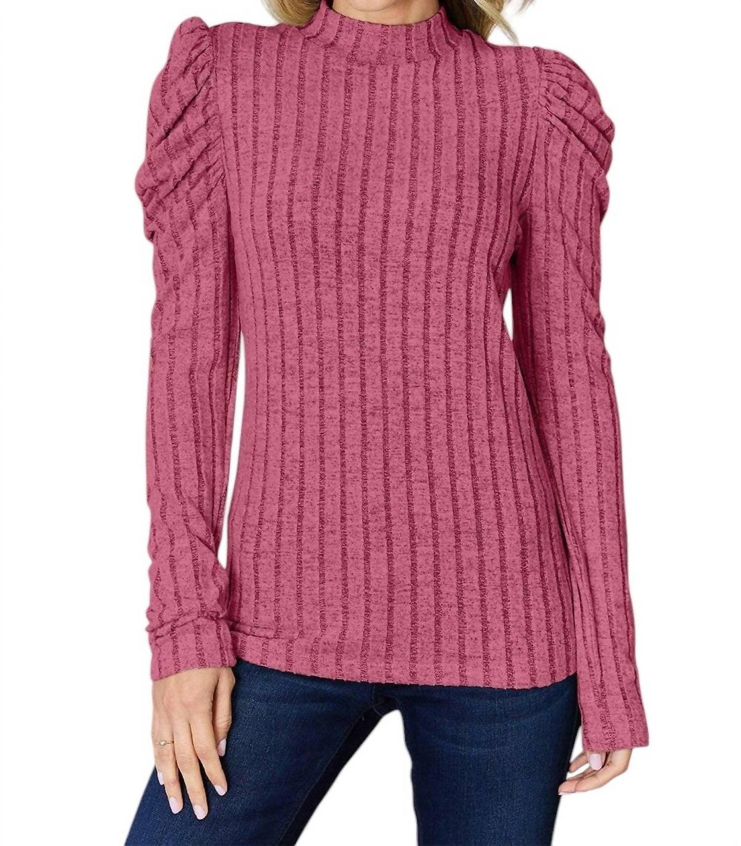 Basic Bae - Ribbed Mock Neck Top With Puff Sleeves