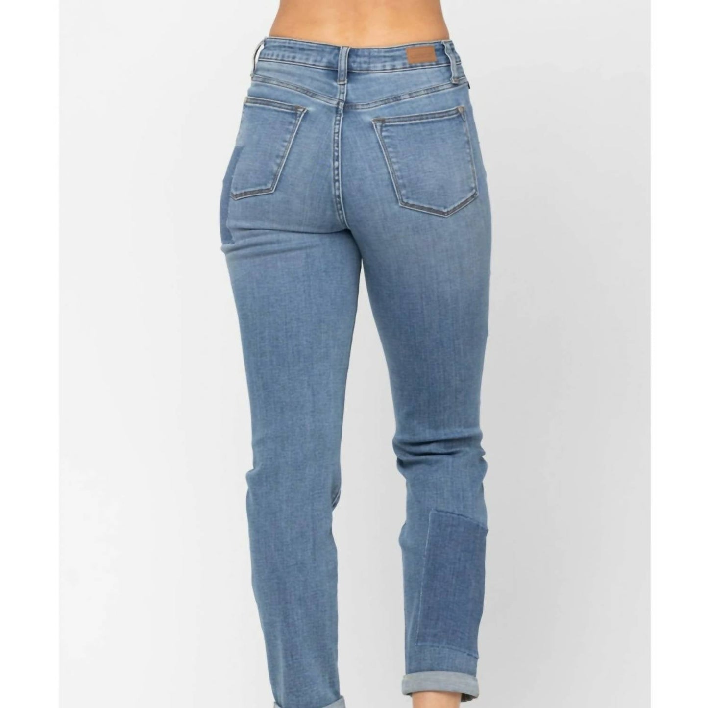 Judy Blue - High Waist Double Rolled Cuff Patch Boyfriend Jeans