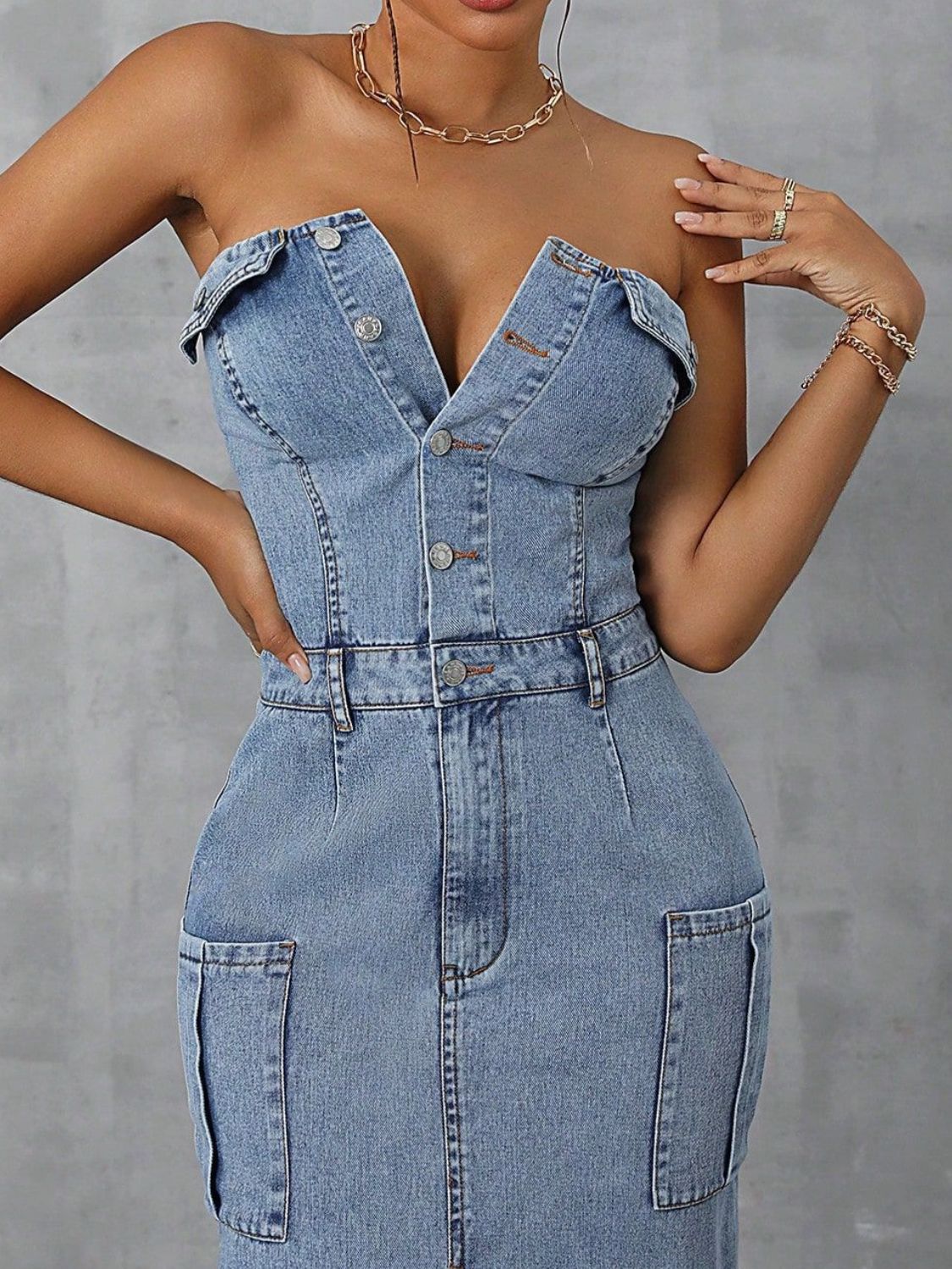 Slit Half Button Tube Denim Dress Steals
