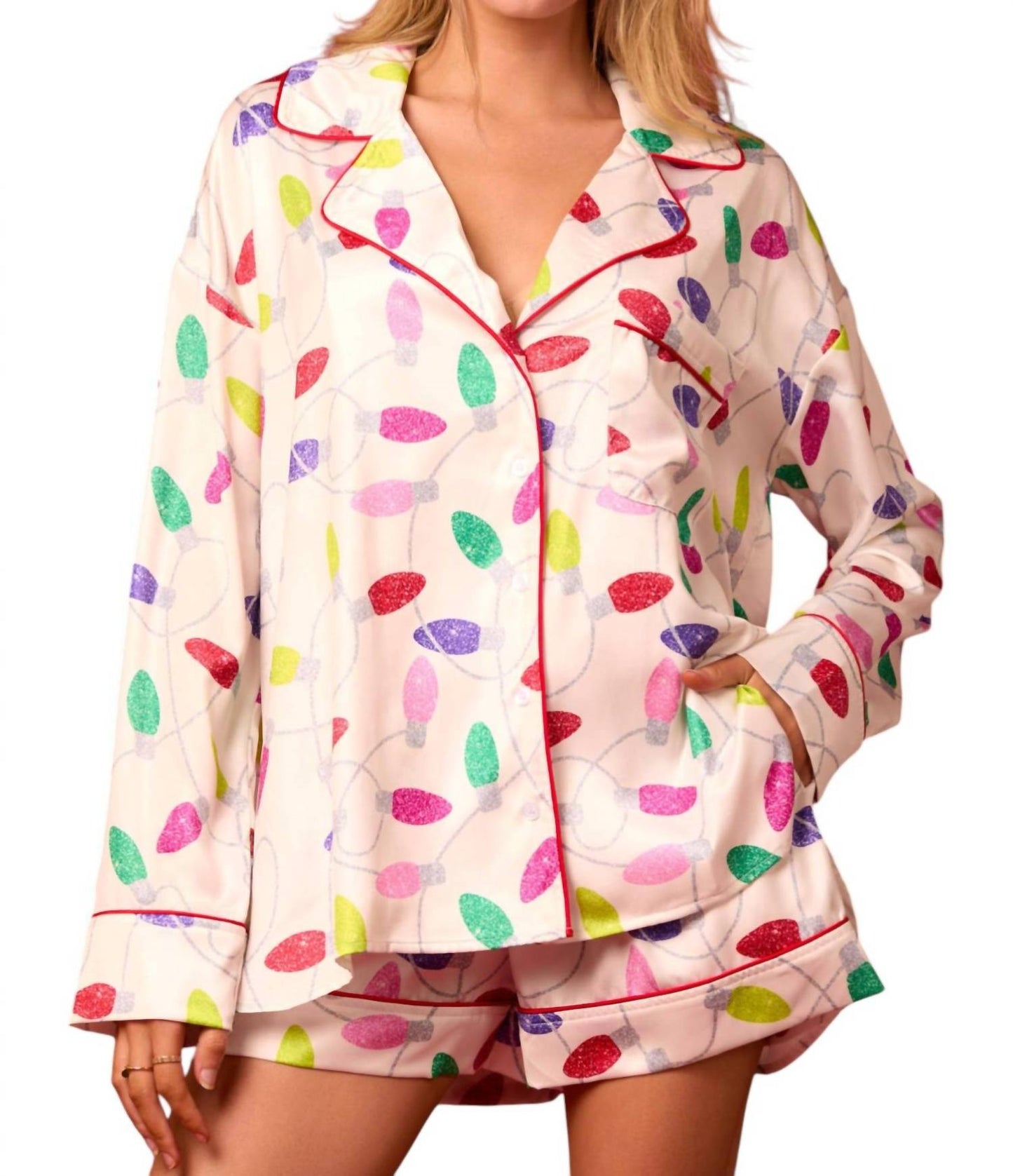 Peach Love - Satin Christmas Lights Prints Pajama Set