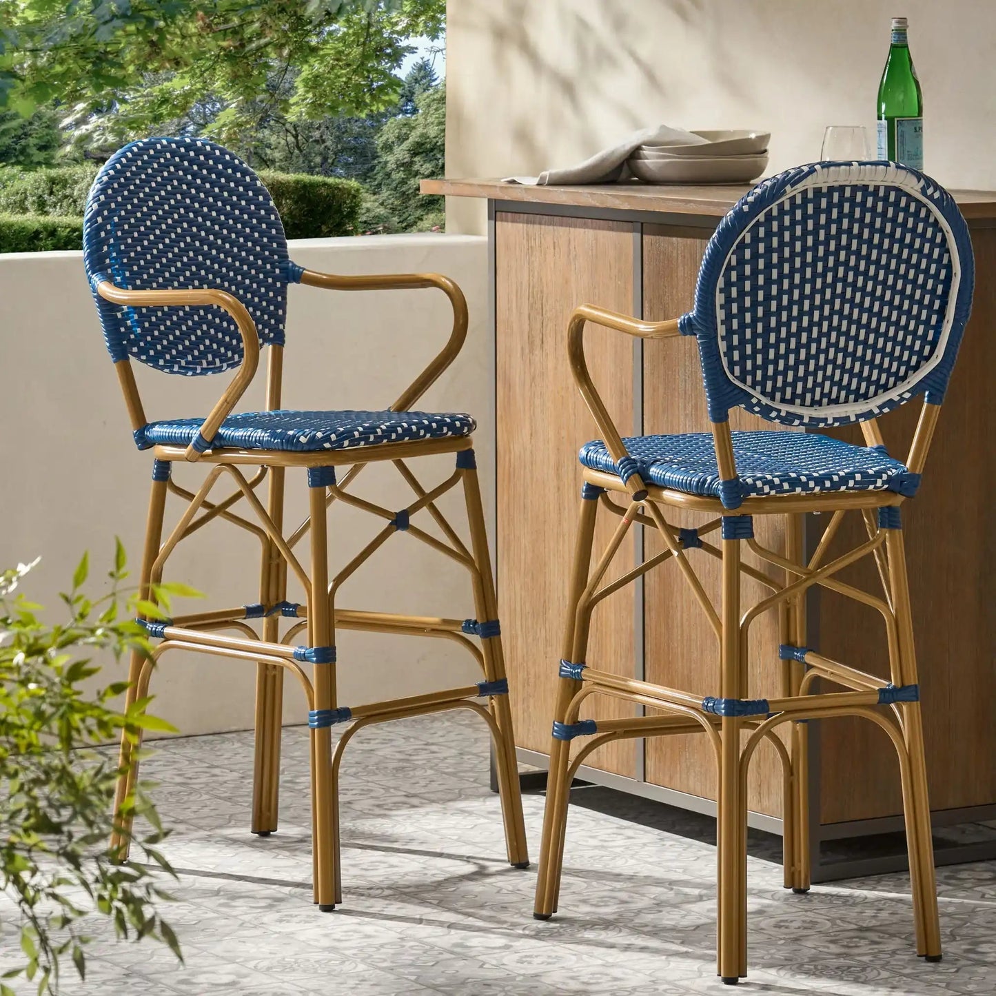 Outdoor Wicker and Aluminum French Barstools (Set of 2)