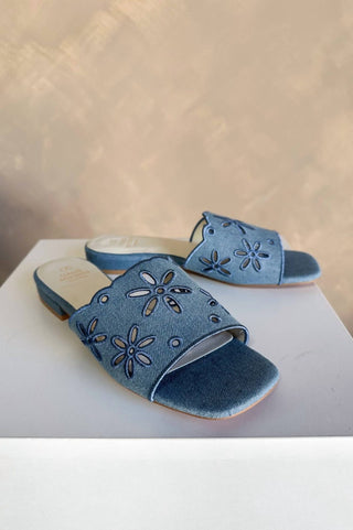 Oasis Society - Women's Manila Denim Eyelet Flower Heel Sandals