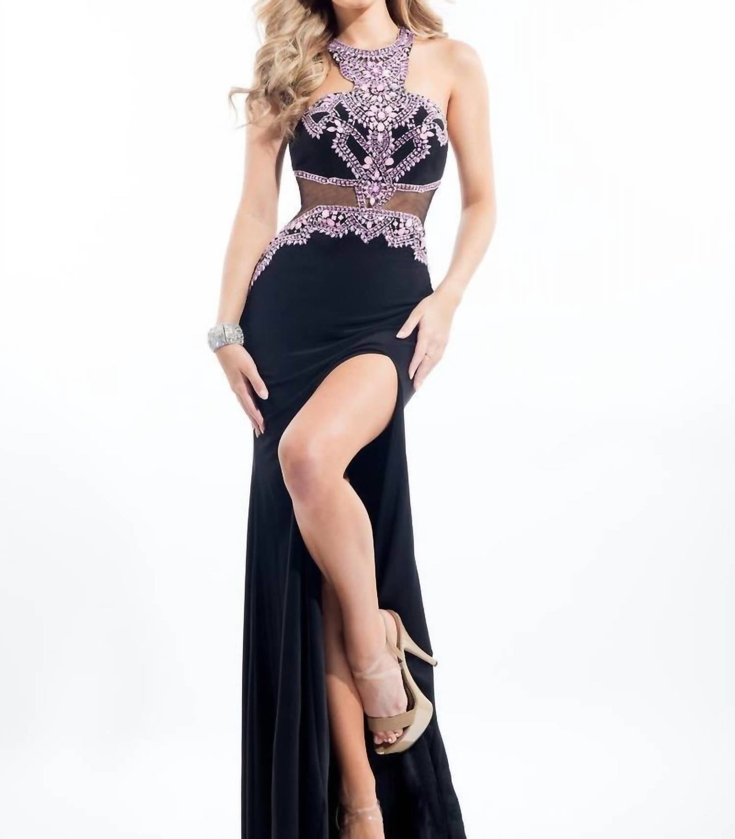 Rachel Allan - Beaded Jersey Prom Gown With High Slit