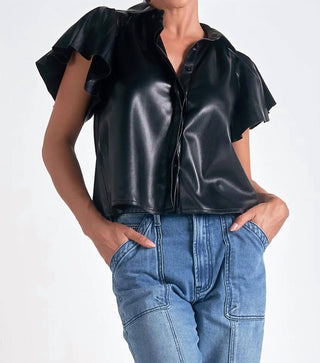 Elan - Flutter Sleeve Vegan Leather Top