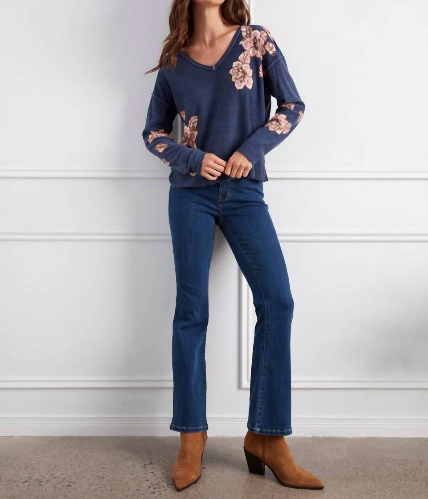 Charlie B - Reverse Print Floral V-neck Sweater