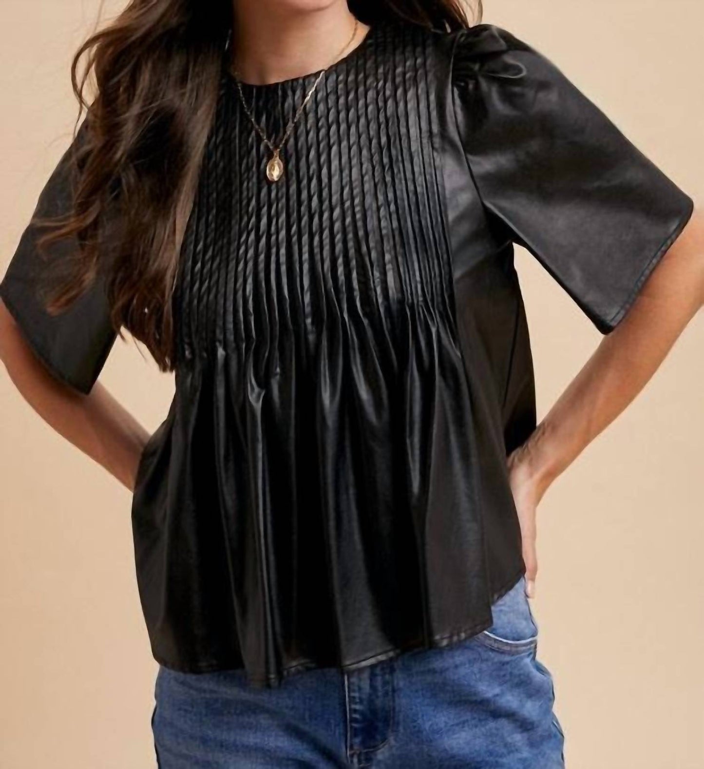 Anniewear - Leather PinTuck Detail Blouse