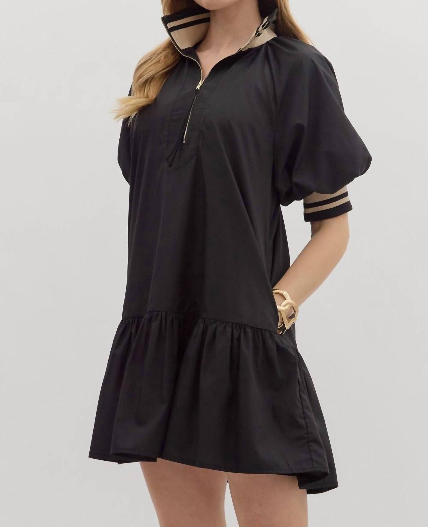 Entro - Puff Sleeve Ruffled Hem Mini Dress