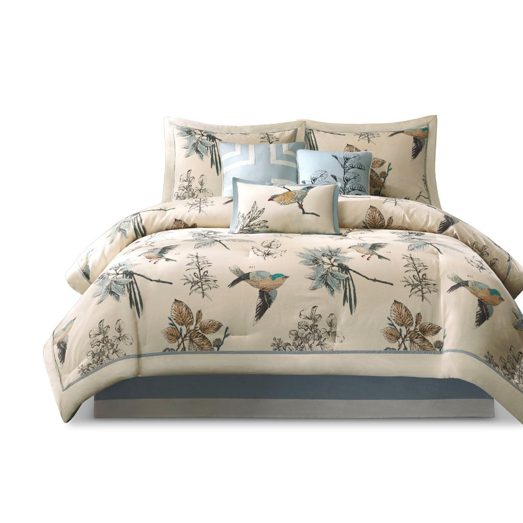 7 Piece Printed Cotton Twill Comforter Set Khaki King