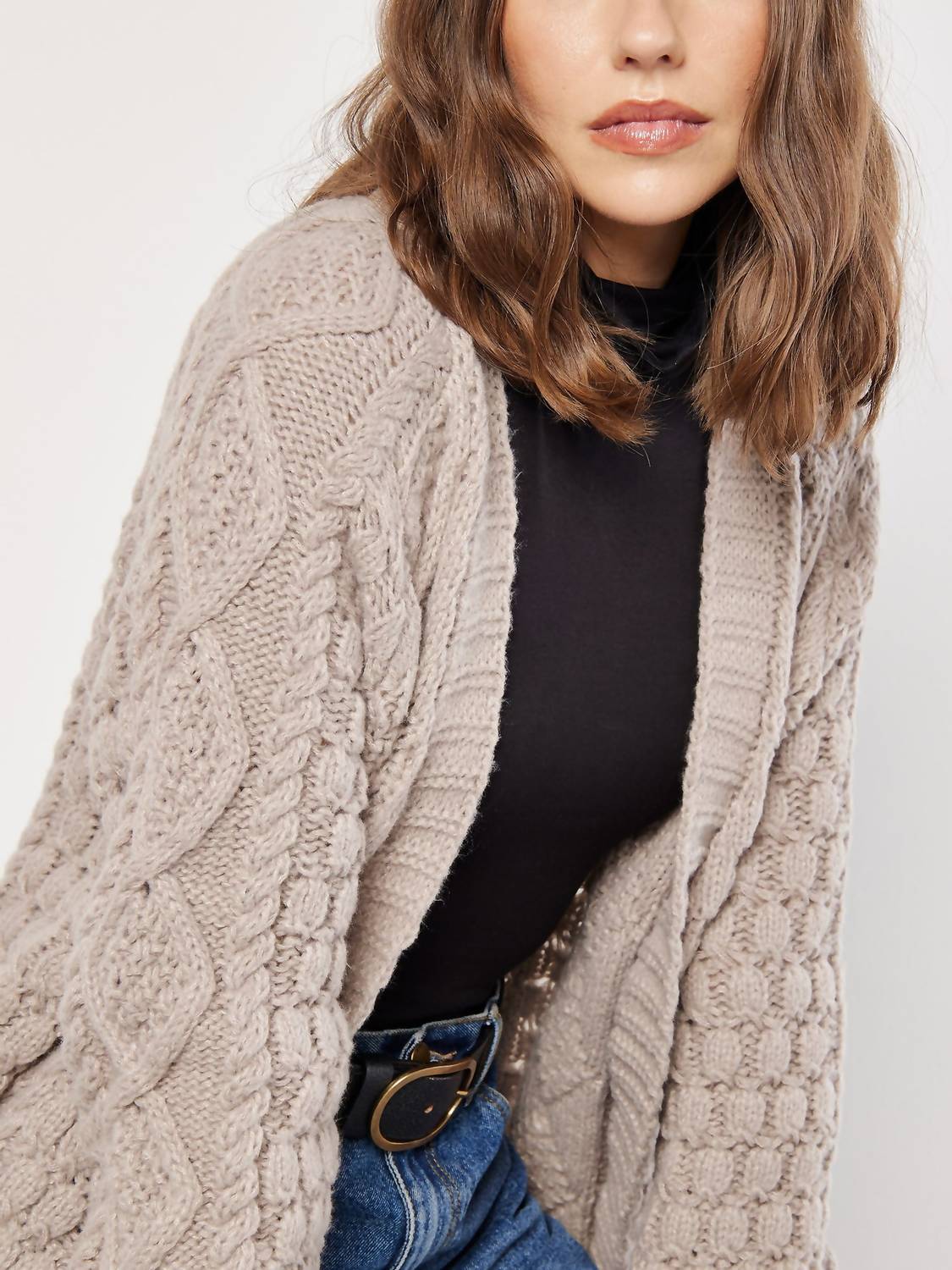 Apricot - Chunky Cable Knit Midi-Cardigan