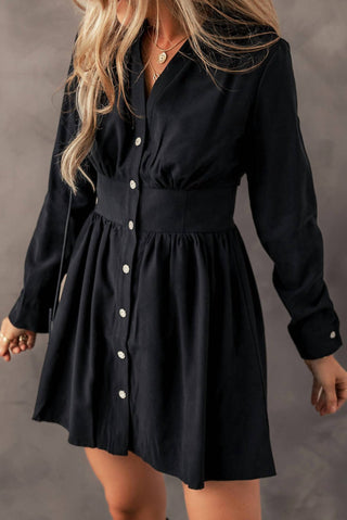 1 The Woman - Elastic Cinched High Waist Long Sleeve Shirt Mini Dress