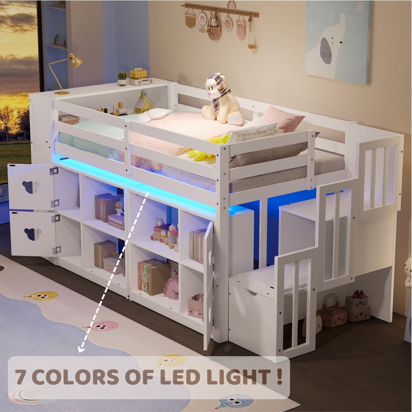 Loft Bed With Storage Cabinets, Staircase Drawers & LED Lights