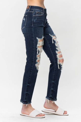 Judy Blue - Mid Rise Ripped Straight Denim Jeans