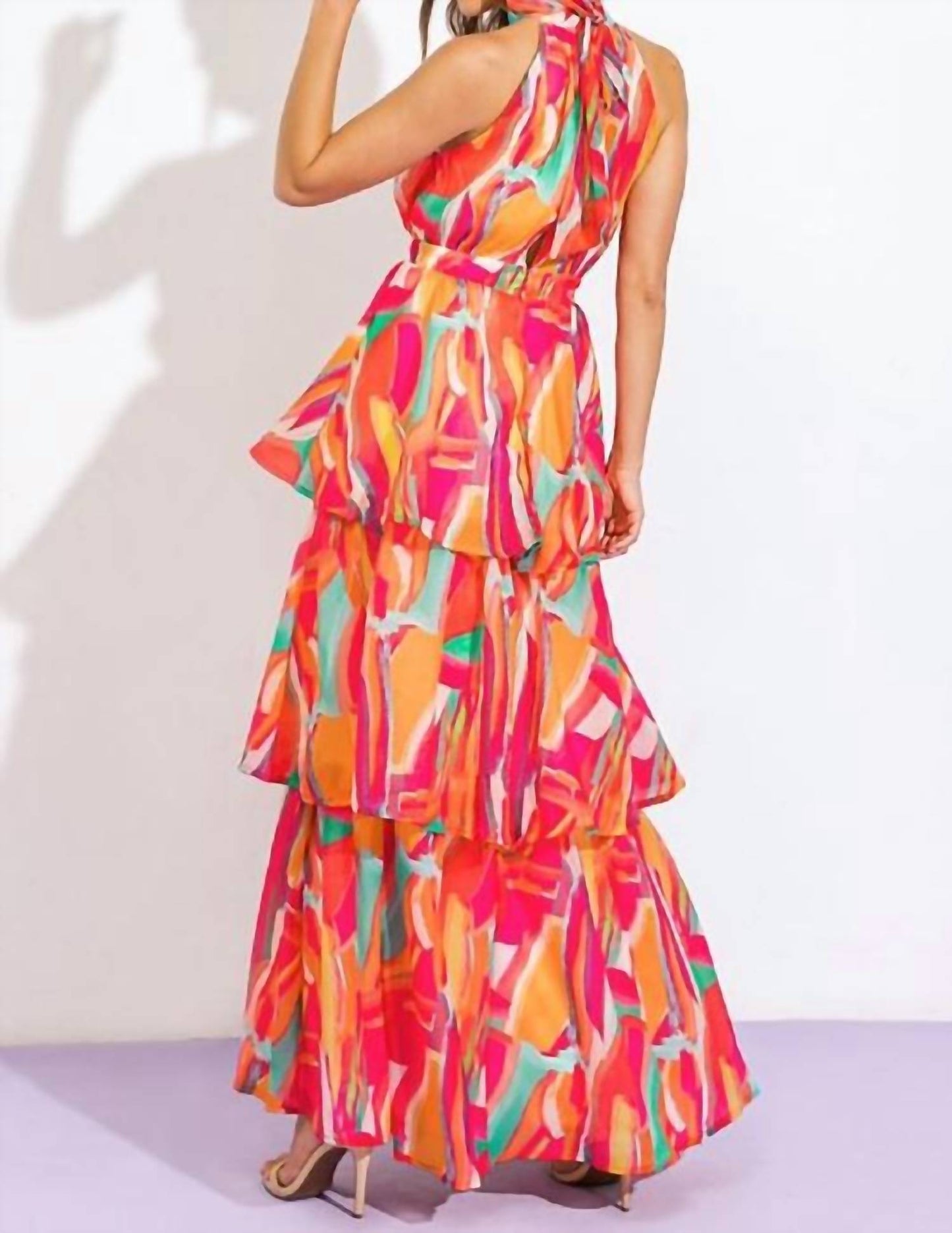 Flying Tomato - Sunset Senorita Halter Abstract Tiered Maxi Dress