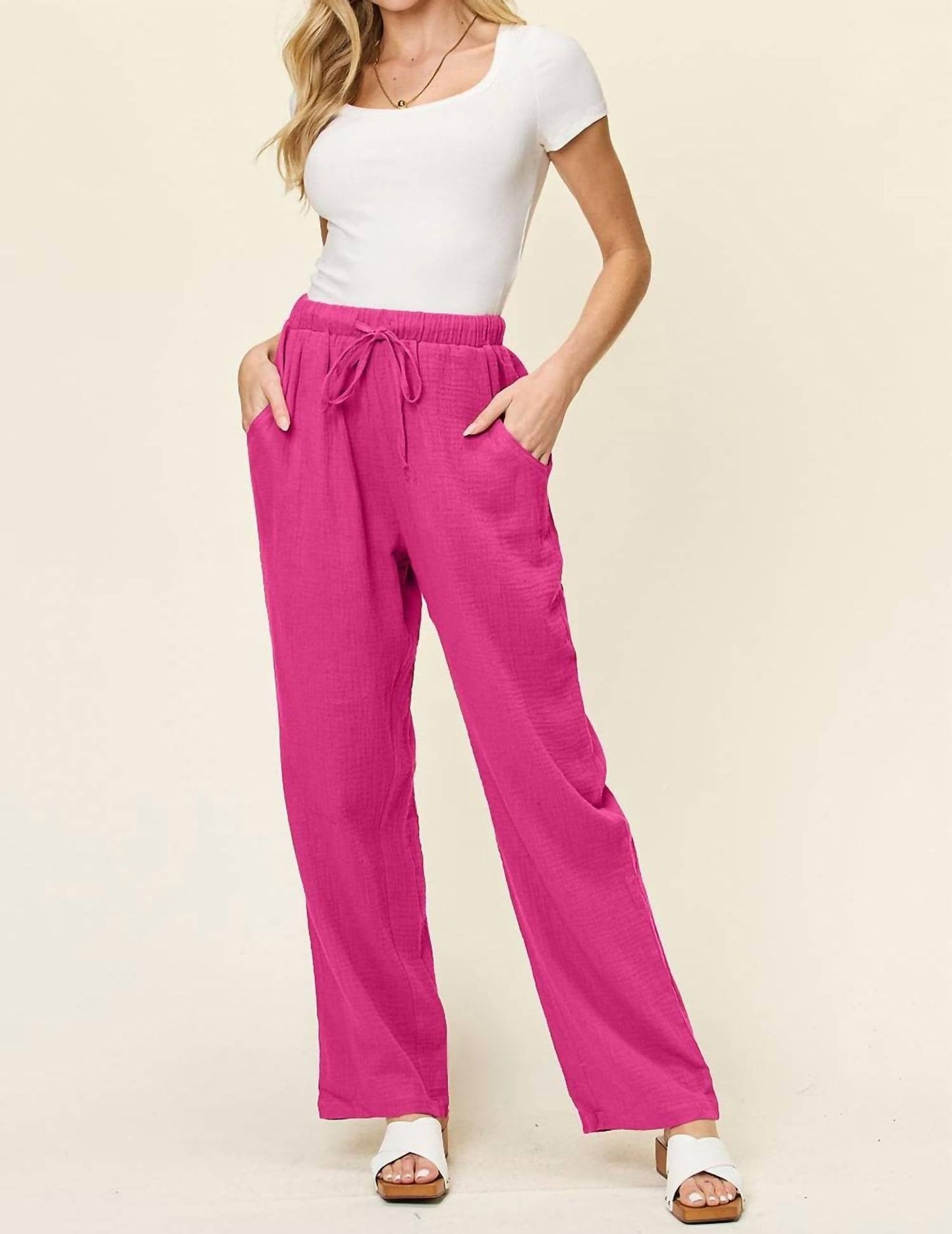 Double Take - Texture Drawstring Straight Pants