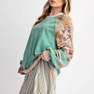 Easel - Casual Sweatshirt Loose Contrast Print Crew Neck Long Sleeve Pullover