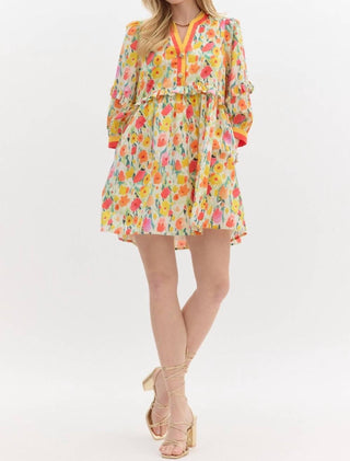 Entro - Floral Breeze Mini Dress with Ruffle Accents & Banded V-Neck Detail