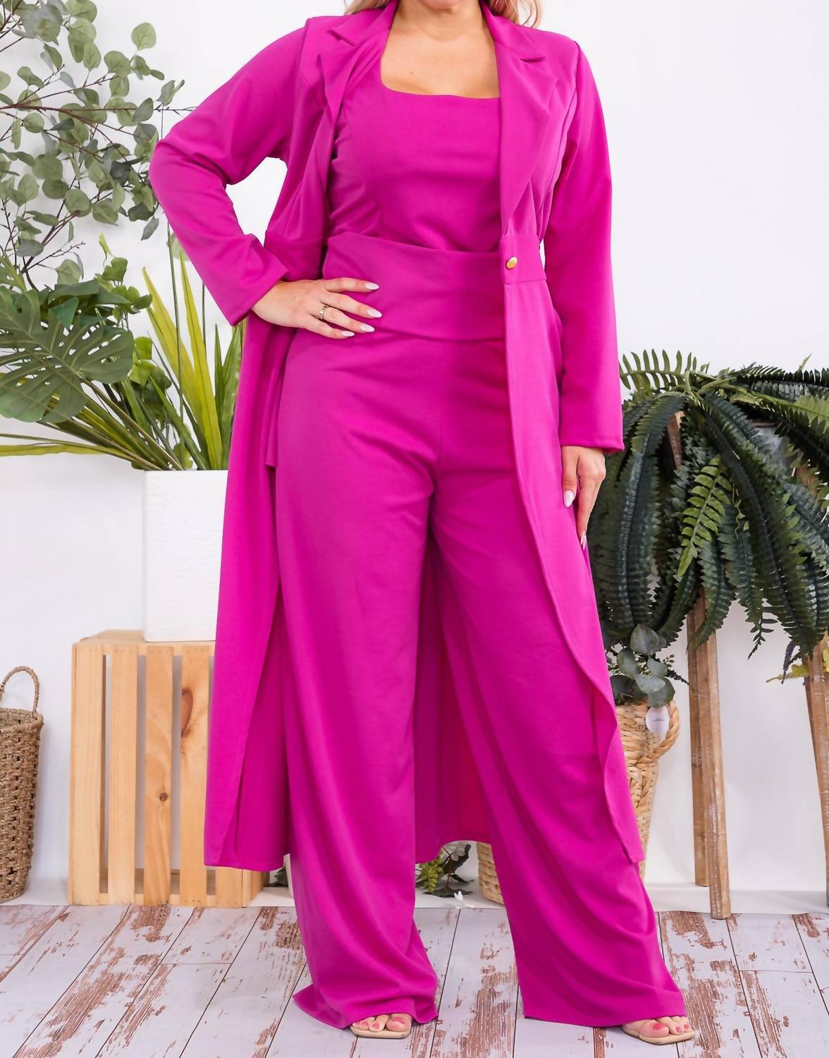 Karen T Design - Longline Blazer, Tank Top, And Wide-leg Pants Set