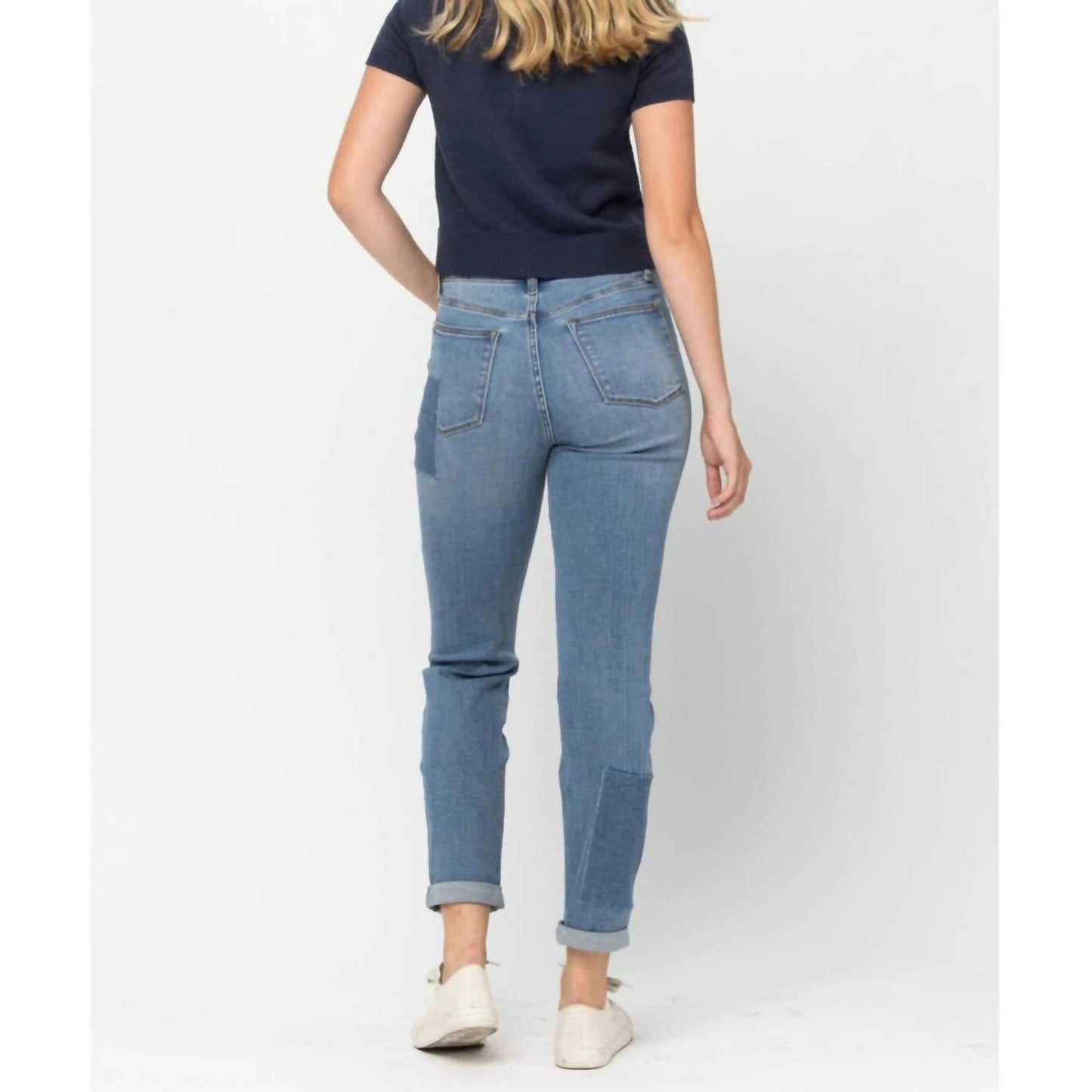Judy Blue - High Waist Double Rolled Cuff Patch Boyfriend Jeans