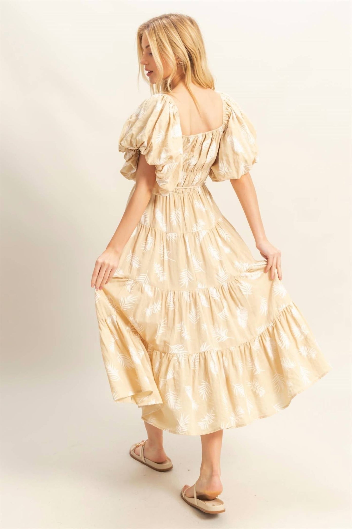 Hyfve - Leaf Print Puff Sleeve Tiered Midi Dress