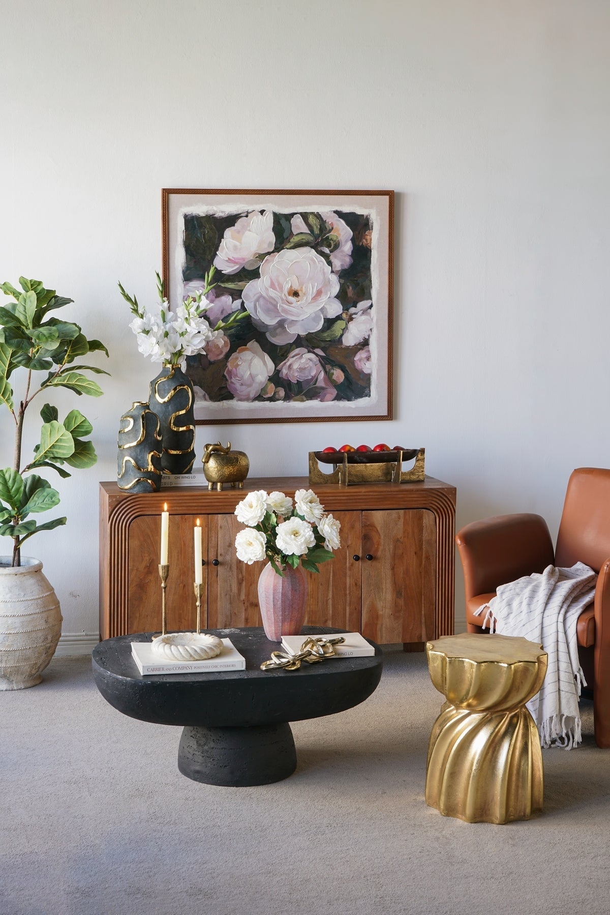 14x14x18.7 Gold Magnesium Accent Stool with Sculptural Swirl Design