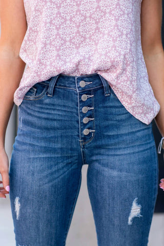 Judy Blue - High Waist Button Fly Distressed Skinny Jeans