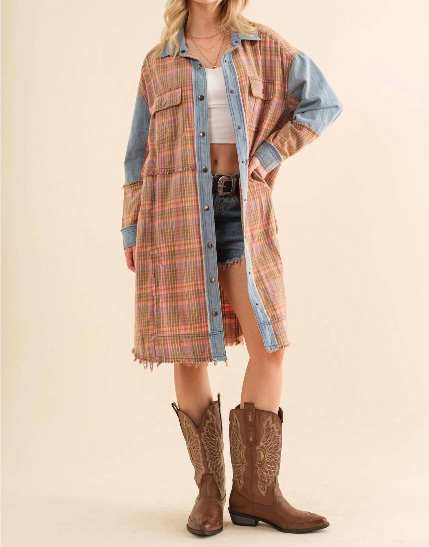 Blue B - Plaid Denim Snap Up Shirt Jacket