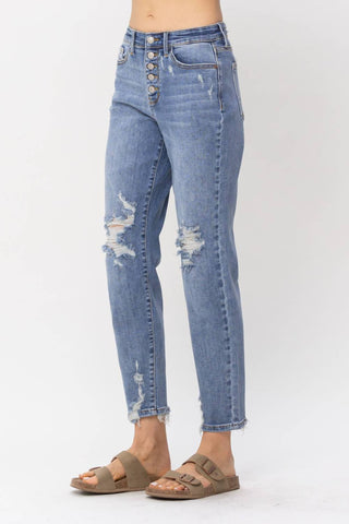 Judy Blue - High Waist Button Fly Destroyed Boyfriend Denim Jeans