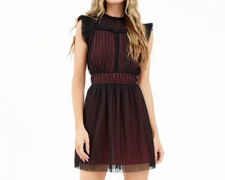 Adelyn Rae - Tatiana Tulle Plisse Mock Neck Mini Dress