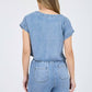 Blu Pepper - Washed Chambray Boat Neck Short Sleeve Crop Top