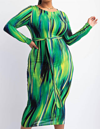 The Curve La - Plus Size Long Sleeve Midi Dress With Self-tie Belt