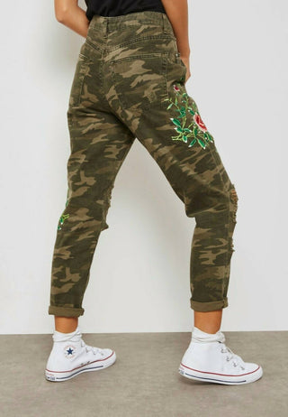 Topshop - High Rise Camo Print Floral Embroidery Ripped Mom Jeans