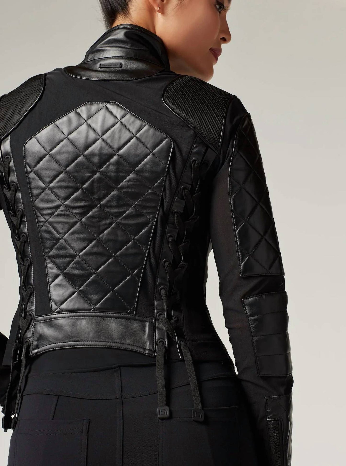 Blanc Noir - Classic Leather Mesh Moto Jacket With Diamond Quilting