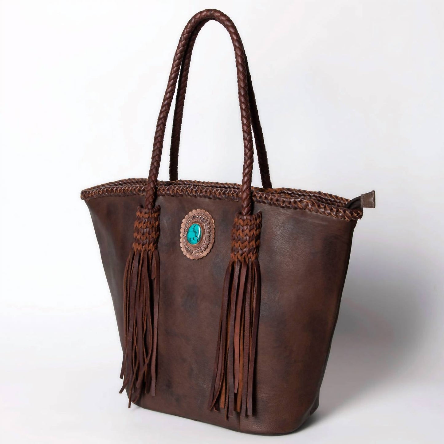 American Darling - Women's Turquoise Braided Handle Fringe Shoulder Tote Bag