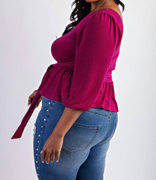 The Curve La - Plus Size One Shoulder Peplum Top With Tie