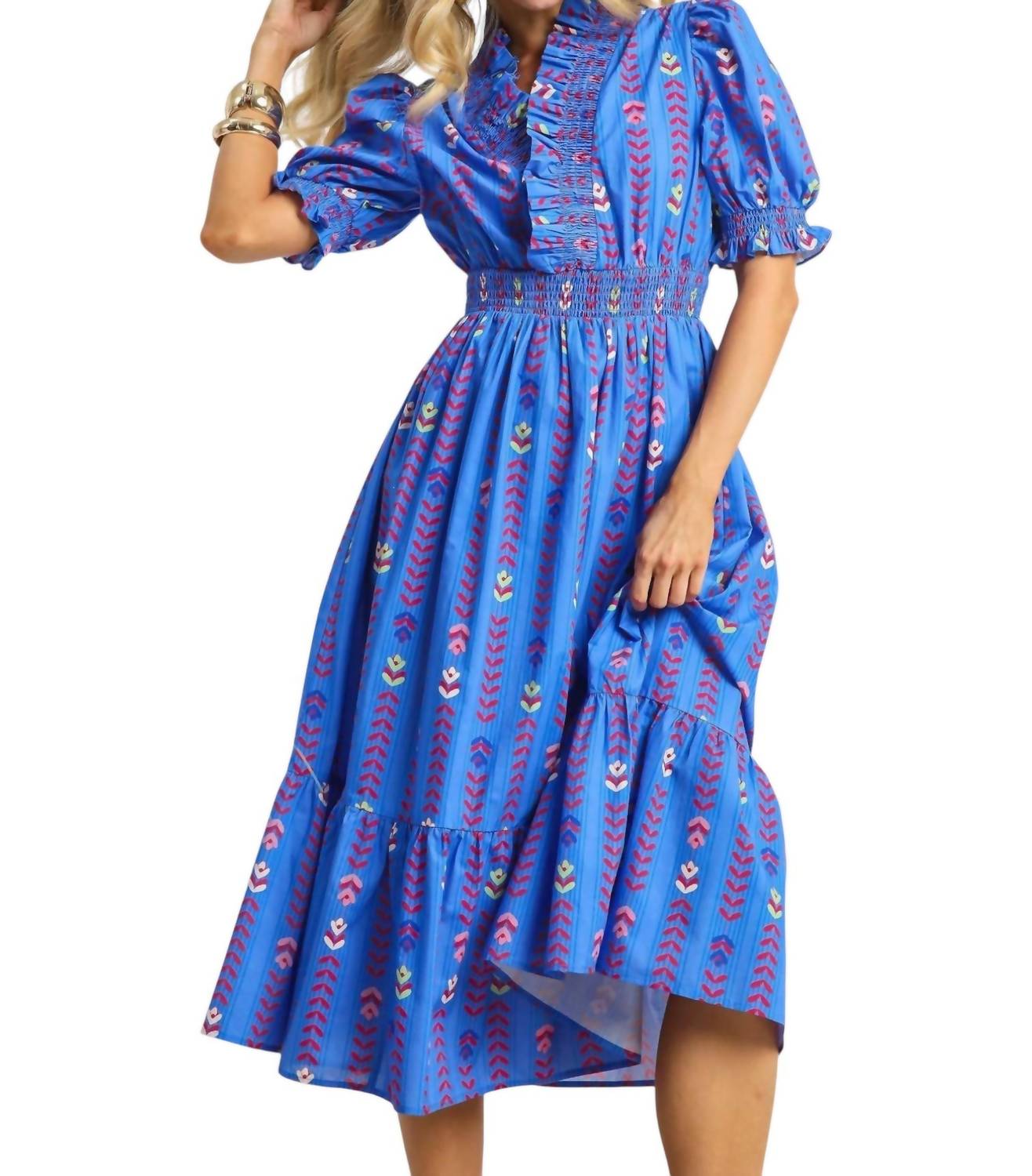 Style Usa - Vibrant Ruffle Smocked Midi Dress