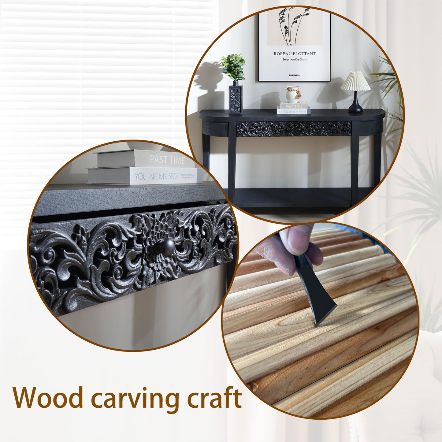 59.2in Black Carved Wooden Console Table with Lower Storage Shelf and Drawers