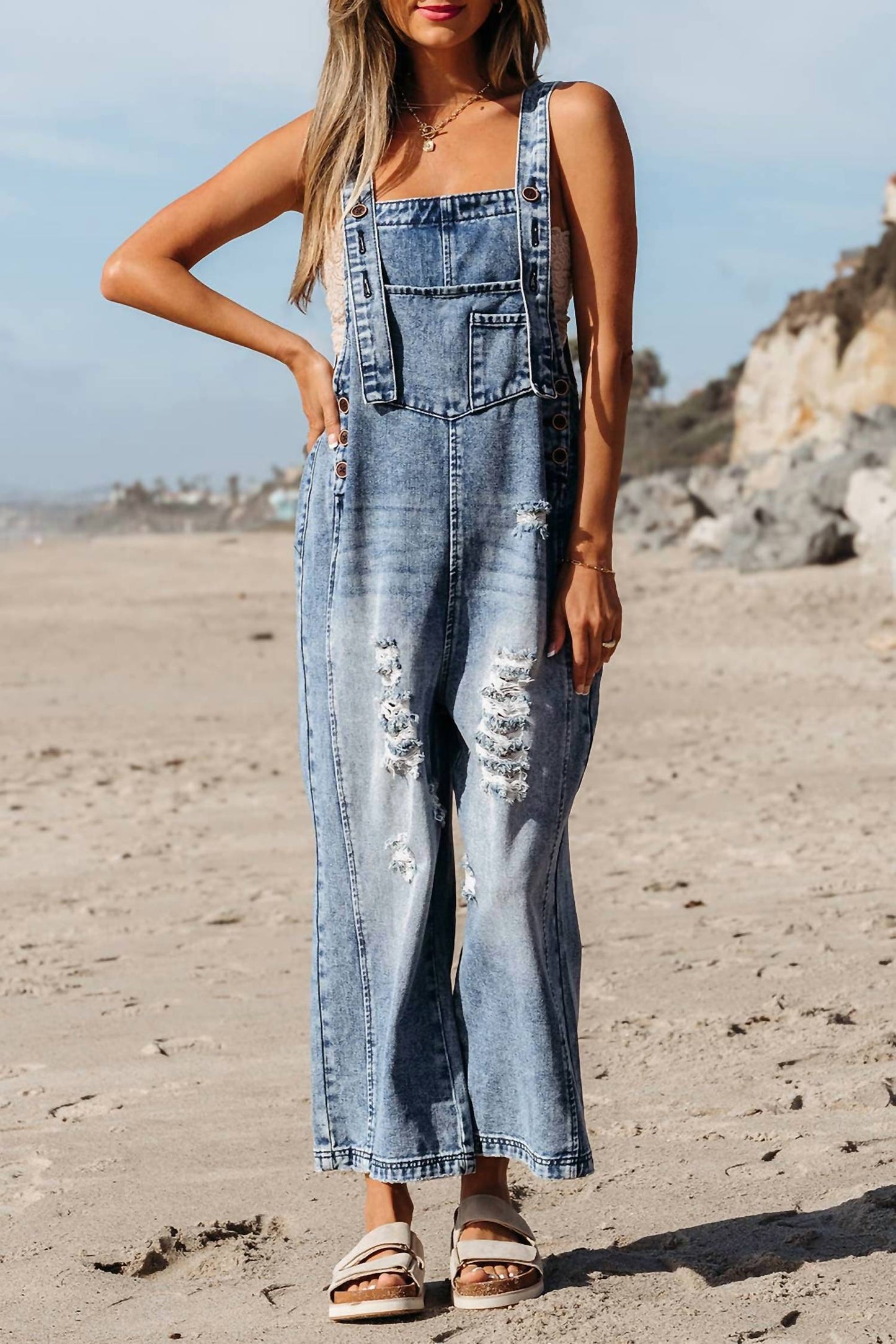 1 The Woman - Distressed Pocketed Wide Leg Capri Denim Overall
