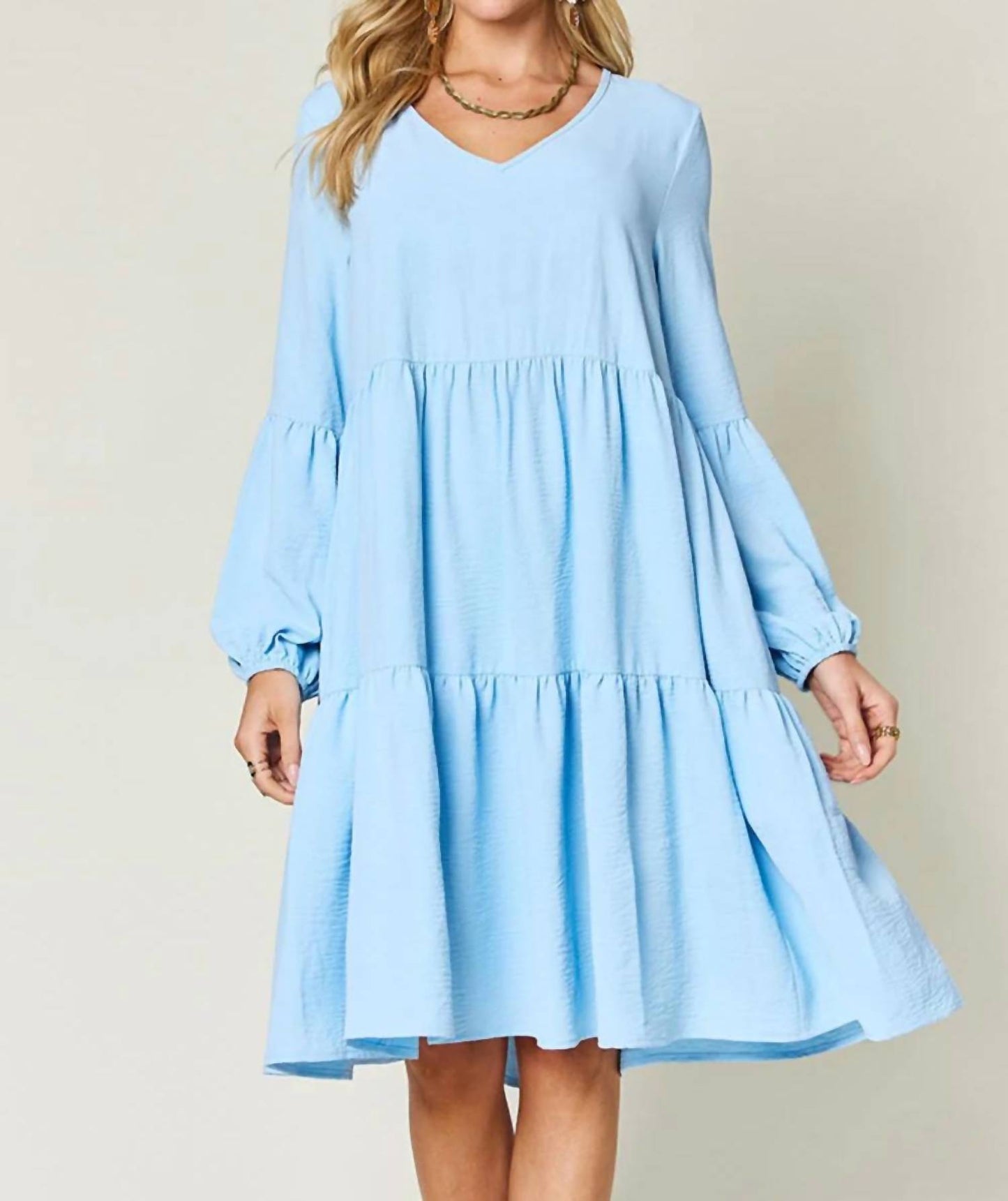Double Take - V-Neck Balloon Sleeve Tiered Dress