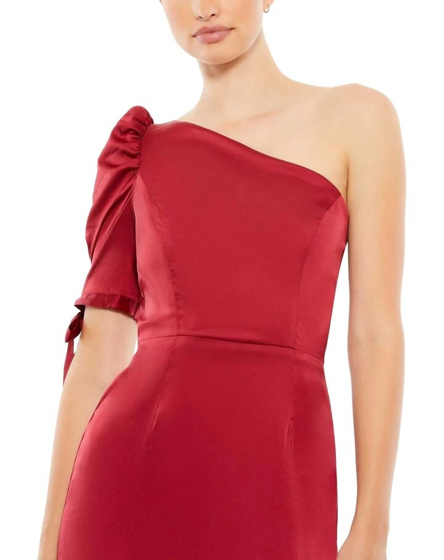 Ieena For Mac Duggal - Satin One Shoulder Puff Sleeve Trumpet Gown