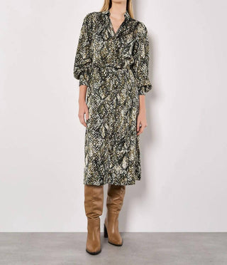 Apricot - Snakeskin Print Satin Shirt Midi Dress