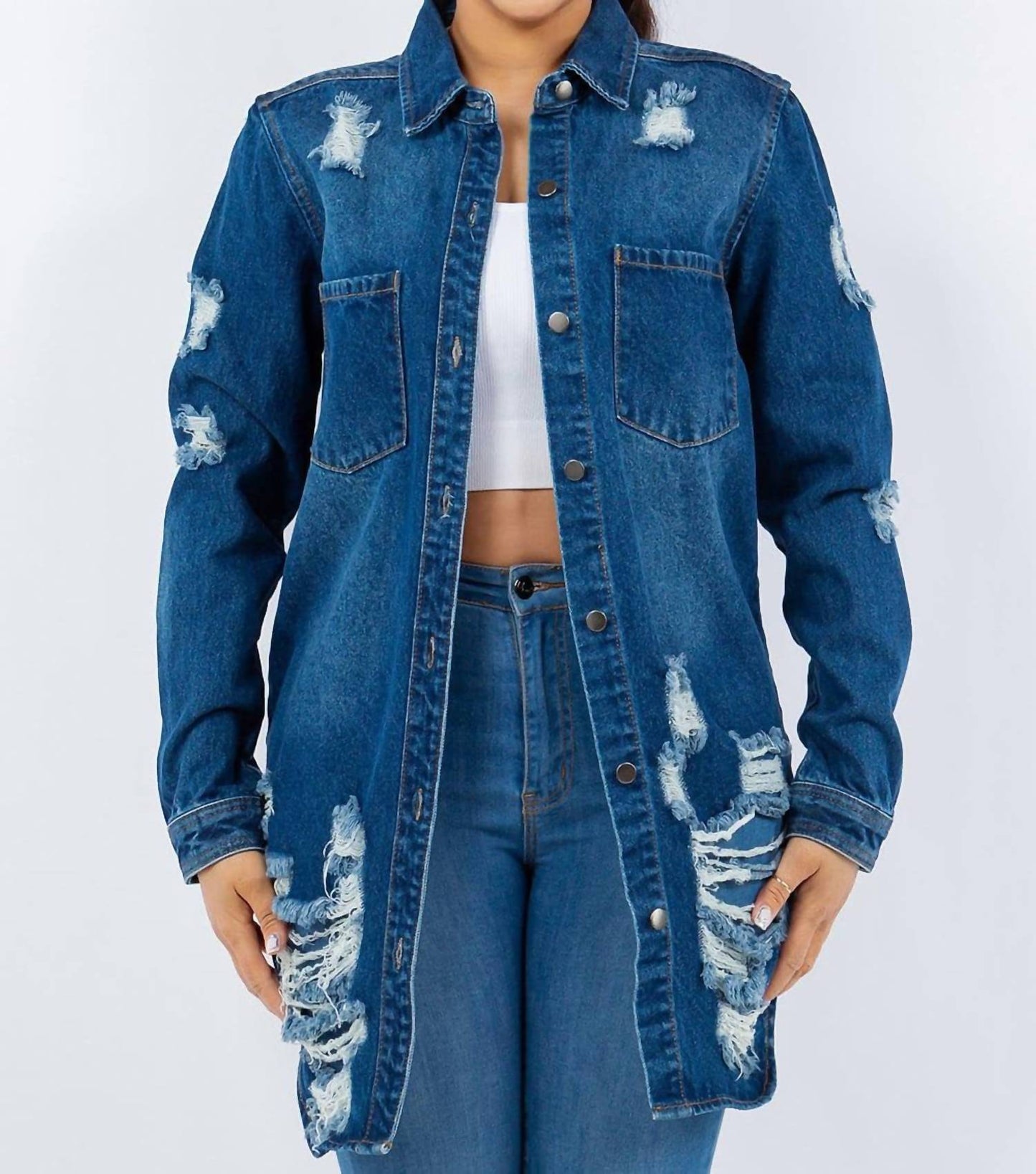 American Bazi - Distressed Button Up Long Sleeve Denim Jacket