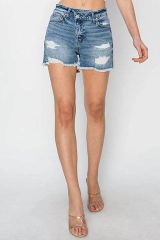 Risen - Stepped Waist Frayed Denim Shorts