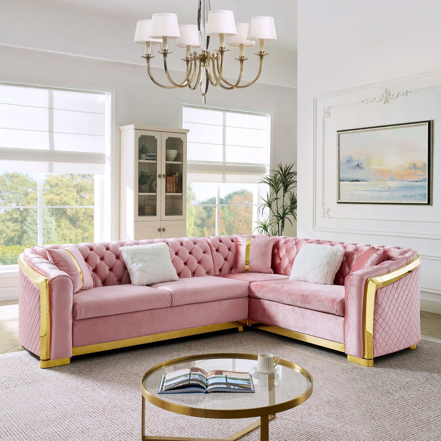 L Shaped Chesterfield Sectional Sofa With Stainless Steel Accents