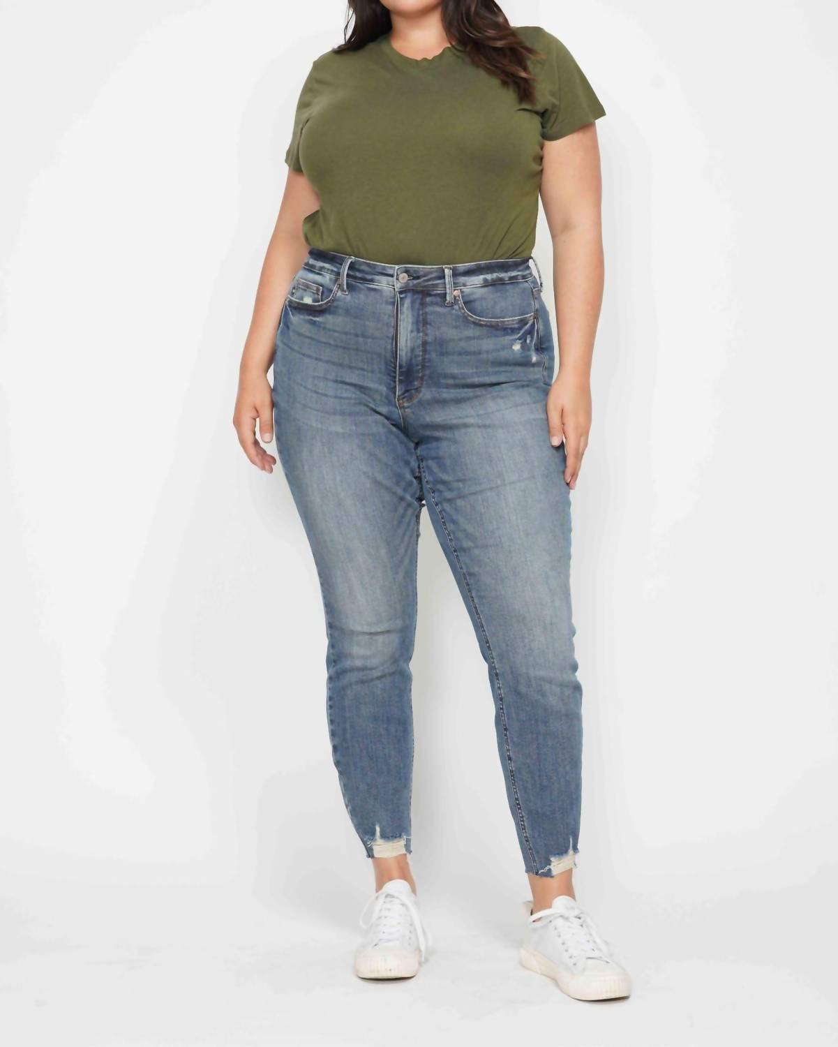 Judy Blue - High Waist Tummy Control Vintage Wash Destroyed Hem Skinny Jeans