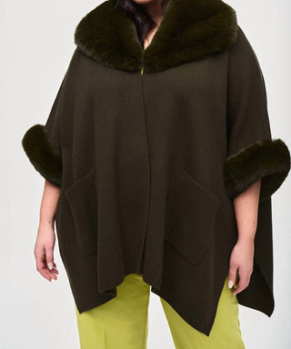 Joseph Ribkoff - Faux Fur Trim Oversized Three Quarter Sleeve Cape