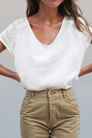 Aapparella - Lace Crochet Textured Button Back V-neck T Shirt