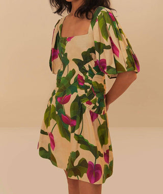 Farm Rio - Anthurium Leaves Short Sleeve Square Neck Dress