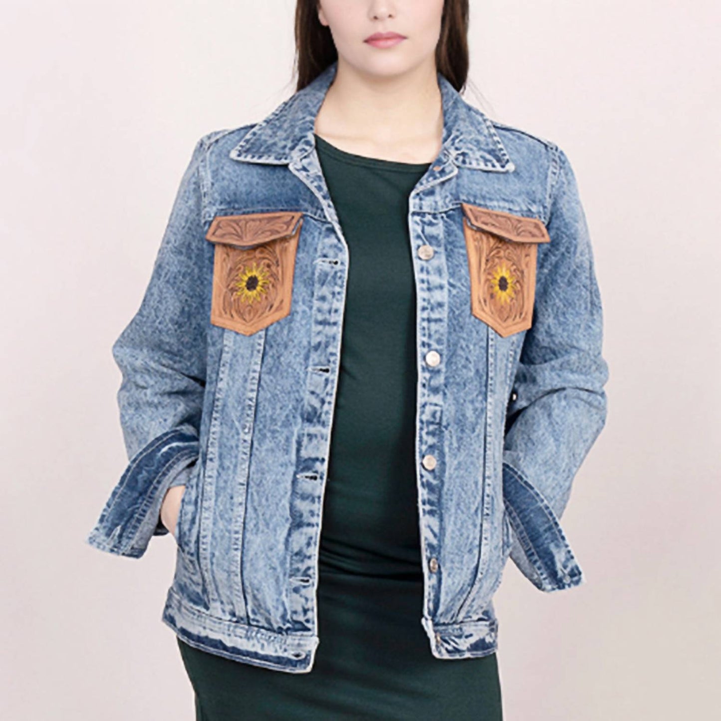 American Darling - Genuine Leather Hand Tooled Carved Denim Jacket