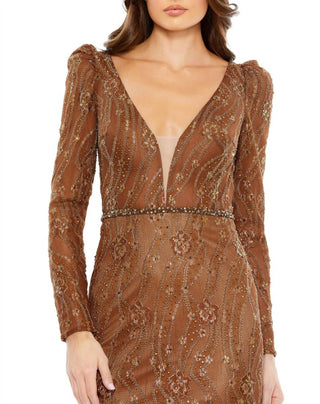 Mac Duggal - Embellished Long Sleeve Plunge Trumpet Gown