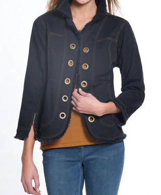 Multiples - Zip Cuff 3/4 Sleeve Fringe Denim Jacket